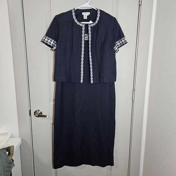 NEW‎ Coldwater Creek 2 PC Midi Dress Size 16 Petite Linen Blend Embroidered Navy
